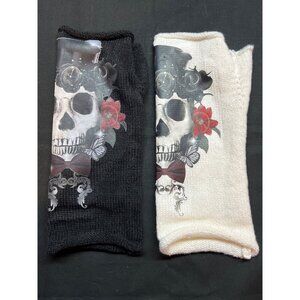 Fingerless Skull Print Gloves Black & White One-Size Knit Gothic Style Wrist War